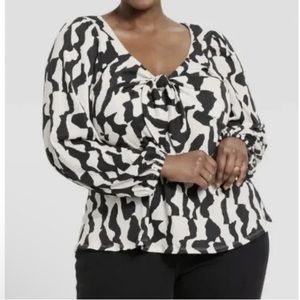Ava & Viv Black White Geometric Print long Sleeve Key Hole Front Tie Top